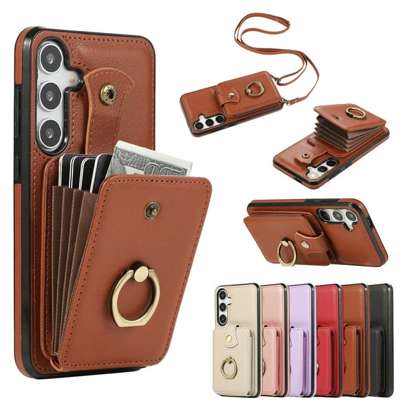for Samsung Galaxy S24 FE Wallet Case with Card Holder, PU Leather Case with Ring Holder Kickstand, Snap Button Card Slots Case for Women Men for S24 FE with Crossbody Strap - Brown