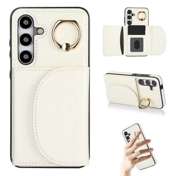 for Samsung Galaxy S24 FE Wallet Case with Card Holder Women Men, Flip PU Leather Kickstand Shockproof Protective Phone Cover Magnetic Clasp 360 Rotation Ring Stand for Samsung S24 FE, White