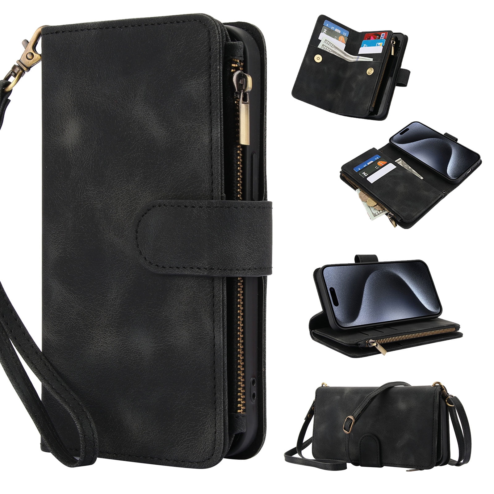 for Samsung Galaxy S24 FE Wallet Case with Card Holder for Women Men, Phone Case RFID Blocking PU Leather Flip Shockproof Cover with Shoulder + Wrist Strap Zipper Credit Card Slots Stand, Black