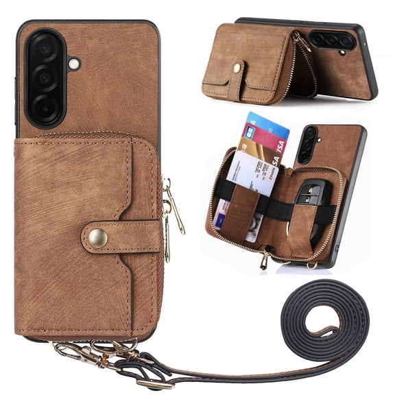 for Samsung Galaxy S24 FE Wallet Case, Crossbody Phone Purse with Card Holder for Women, Zipper PU Leather Carrying Cover Gift with Shoulder Strap Kickstand Anti-drop for S24 FE - Brown