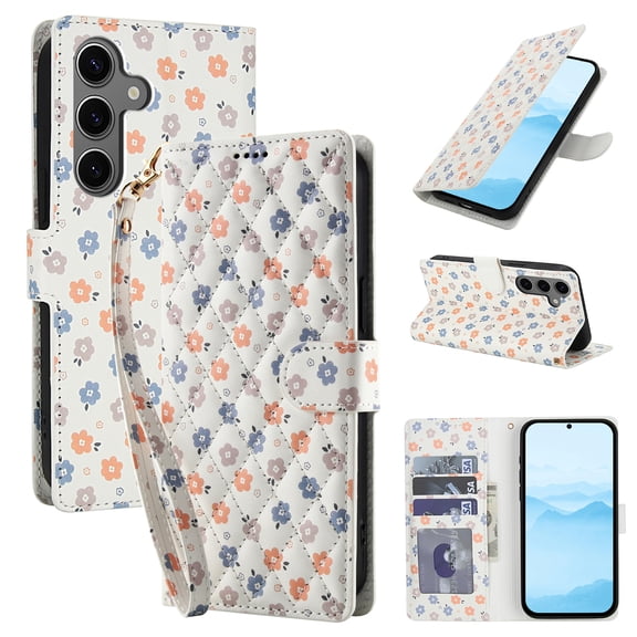 for Samsung Galaxy S24 FE Wallet Case, Cute Floral Pattern PU Leather Flip Phone Cover with Card Holder, Kickstand, Wrist Strap, Protective Purse Case for Samsung Galaxy S24 FE, Pattern-B