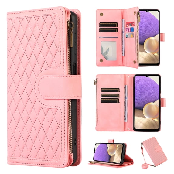 for Samsung Galaxy S24 FE Wallet Case, Heavy Duty Protection Zipper Pocket Card Slot PU Leather Flip Folio Protective Rugged Cover with Wrist Strap + Shoulder Strap for Men Women, Pink