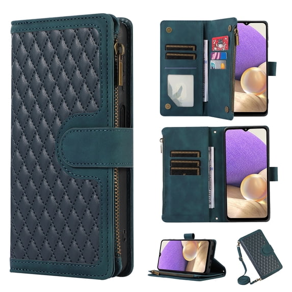 for Samsung Galaxy S24 FE Wallet Case, Heavy Duty Protection Zipper Pocket Card Slot PU Leather Flip Folio Protective Rugged Cover with Wrist Strap + Shoulder Strap for Men Women, Green