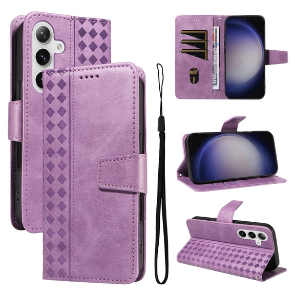 for Samsung Galaxy S24 FE Wallet Case, PU Leather Flip Cover with Kickstand,Magnetic Closure Wrist Strap 3 Card Slots & 1 Cash Pocket Shockproof Full Body Protection for Galaxy S24 FE,Purple