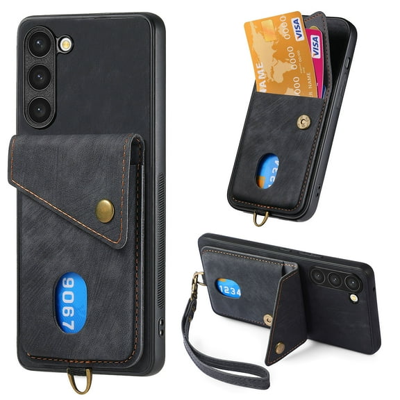 For Samsung Galaxy S24 FE Wallet Case, Premium PU Leather Back Cover Cards Holder Stand Compatible with Car Mount RFID Blocking Hand Wrist Full Protective Phone Case for Women Girls, Black