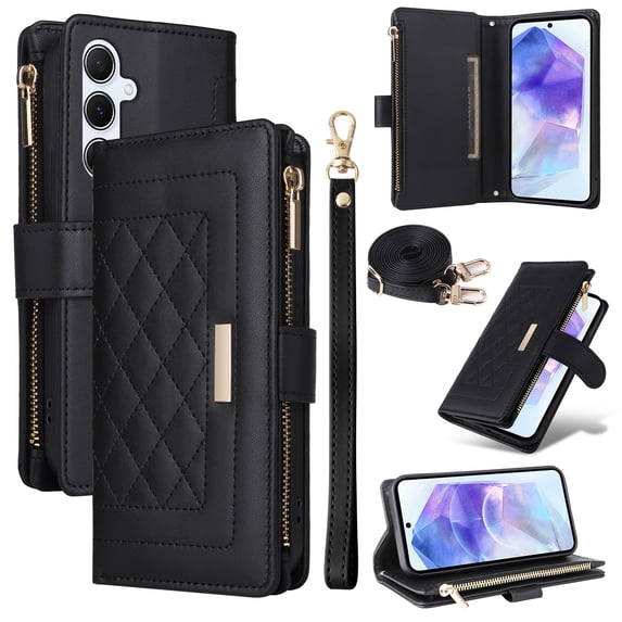for Samsung Galaxy S24 FE Wallet Case with RFID Blocking Card Holder, Kickstand Feature PU Leather Case with Adjustable Crossbody & Short Lanyard Magnetic Clasp Zipper Pocket Flip Cover,Black