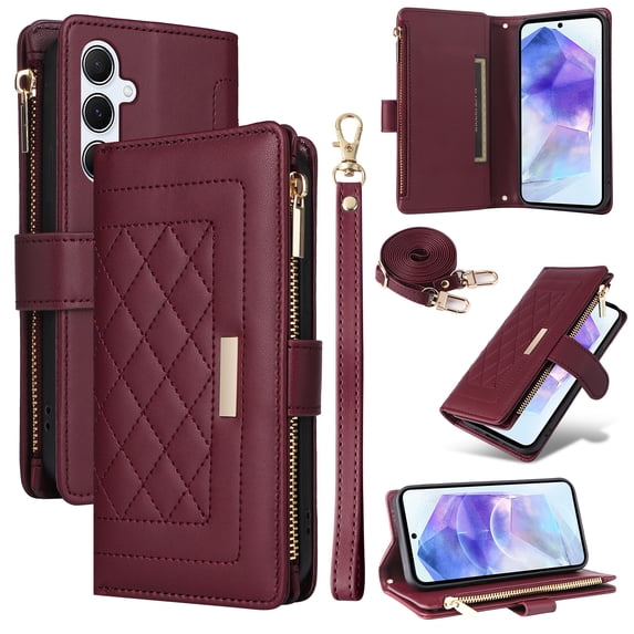 for Samsung Galaxy S24 FE Wallet Case with RFID Blocking Card Holder, Kickstand Feature PU Leather Case with Adjustable Crossbody & Short Lanyard Magnetic Clasp Zipper Pocket Flip Cover,Winered