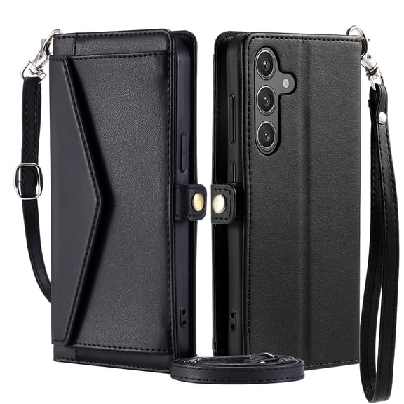 For Samsung Galaxy S24 FE Wallet Case, RFID Blocking Crossybody Shoulder Strap Hand Wrist Flip Cover Carsd Holder Snap Closure Protective Phone Case for Samsung Galaxy S24 FE, Black