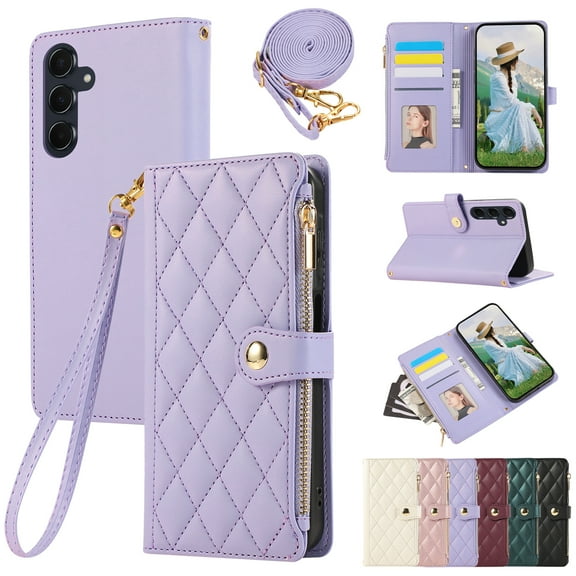 for Samsung Galaxy S24 FE Wallet Case with Zipper Pocket Card Holder & Crossbody Lanyard Strap & Wrist Strap, Flip Stand PU Leather Magnetic Folio Purse Case for Galaxy S24 Plus, Purple