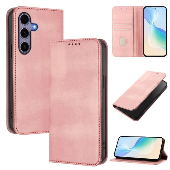 for Samsung Galaxy S24 FE Wallet Rugged Case, Premium PU Leather RFID Blocking Card Slots Kickstand Classic Full Body Protection Magnetic Function Durable Phone Cover for S24 FE, Pink