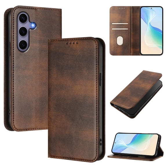 for Samsung Galaxy S24 FE Wallet Rugged Case, Premium PU Leather RFID Blocking Card Slots Kickstand Classic Full Body Protection Magnetic Function Durable Phone Cover for S24 FE, Brown