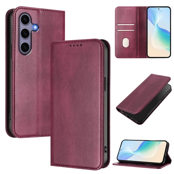 for Samsung Galaxy S24 FE Wallet Rugged Case, Premium PU Leather RFID Blocking Card Slots Kickstand Classic Full Body Protection Magnetic Function Durable Phone Cover for S24 FE, Winered