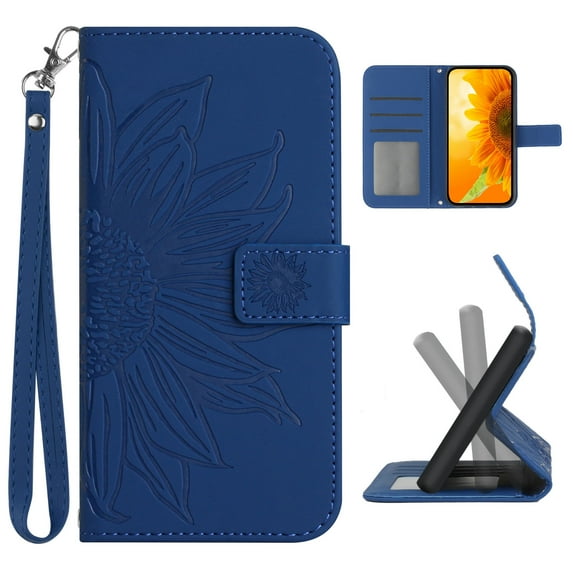 for Samsung Galaxy S24 Flip Case, Flower Printed PU Leather Magnetic Wallet Case with Stand Holder Flip Cover with Card Slots and Strap Compartment for Samsung Galaxy S24 - Darkblue