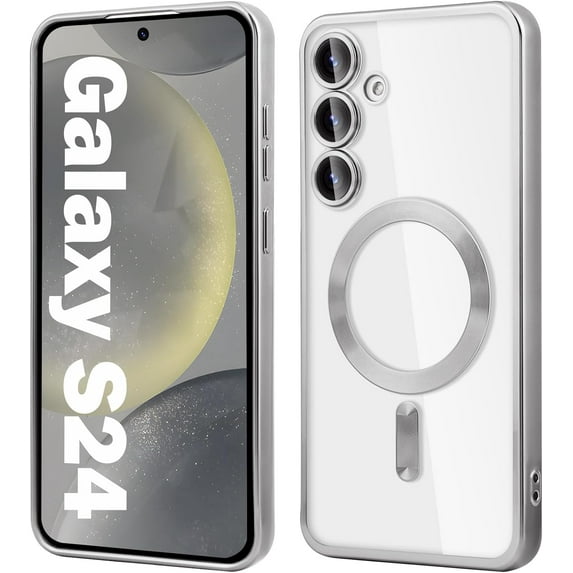 for Samsung Galaxy S24 Magnetic Clear Case, Compatible with MagSafe, Built-in Camera Lens Protector, Luxury Plating Soft TPU Transparent Shockproof Slim Thin Cover 6.2 inch, Silver