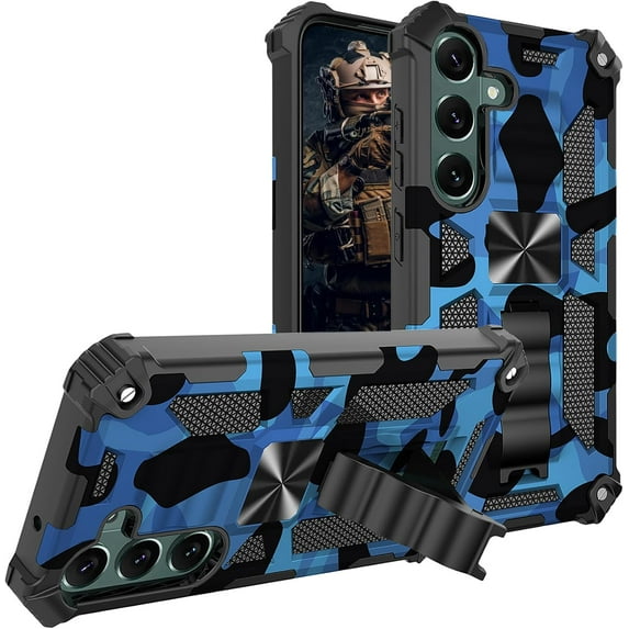 for Samsung Galaxy S24 (Not S25) 6.2" Camouflage Case with Magnetic Kickstand for Man, Military Grade Heavy Duty Shockproof Camo Cover Case for Samsung Galaxy S24 MC-Blue