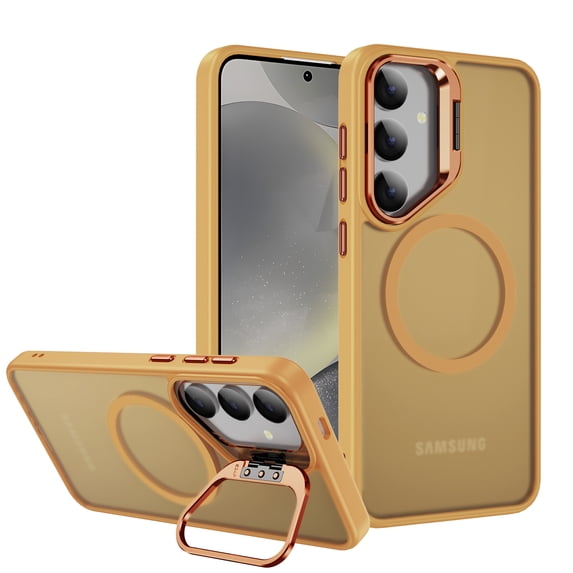 for Samsung Galaxy S24 Phone Case, Thin Fit Compatible with Magsafe Wireless Charging Ultra Slim Translucent Back Case Camera Cover Kickstand Shockproof Drop Protective for S24, Orange