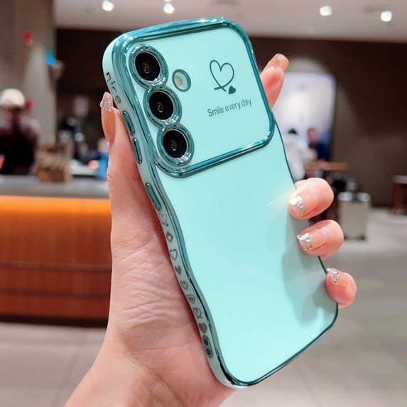 For Samsung Galaxy S24+ Phone Case,Wavy Frame Designing,Love Heart Pattern,Luxury Plating Shockproof Anti-fall Soft TPU Ultra Slim Thin Fit Cute Electroplated Phone Case Cover,Green