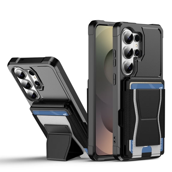 For Samsung Galaxy S24 Phone Case,With Contractile Kickstand,Card Slots,Anti-Scratch PU Leather + TPU Hybrid Shockproof Heavy Duty Anti-fall Drop Protection,Tough Rugged Phone Case,Black