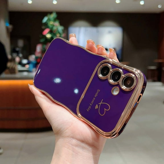 For Samsung Galaxy S24 Phone Case for Women Girls,Double Love Hearts Print Designing,Wavy Frame Curly Shape,Shockproof TPU Luxury Electroplated Anti-fall Protective Phone Case Cover,Darkpurple