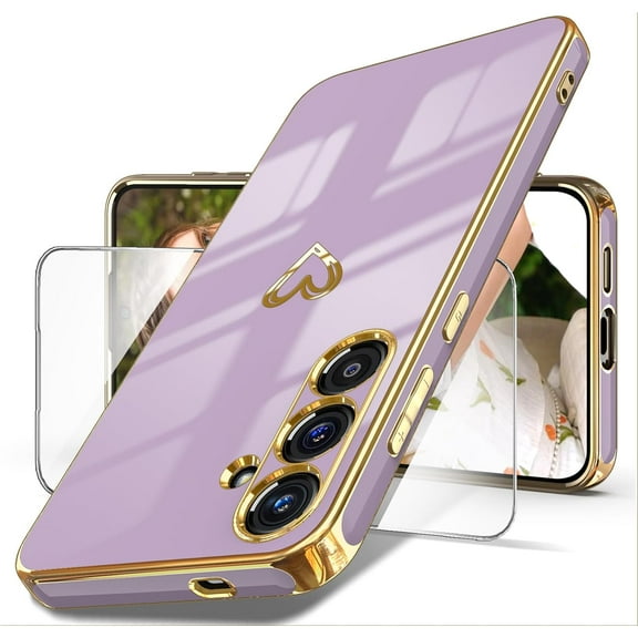 for Samsung Galaxy S24+ Plus 5G Case with Screen Protector, Women Girl Cute Girly Love-Heart Luxury Gold Soft Camera Protection Bumper Shockproof Phone Case for Galaxy S24+ (Purple)