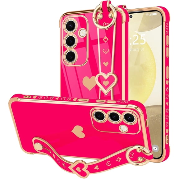 Samsung Galaxy S24 Plus 5G Case with Cute Love-Heart Plating Strap, Bling Silicone Camera Protection, Shockproof Bumper Case (6.7")