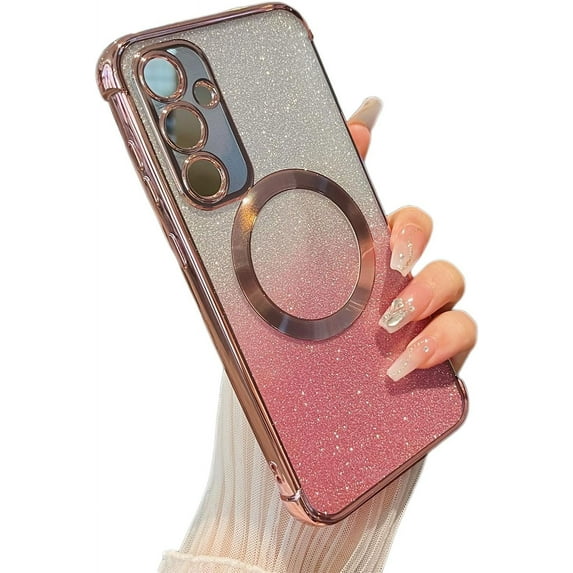 for Samsung Galaxy S24 Plus 5G,Clear Magnetic Case with Gradient Glitter Peice(2 in 1), Luxury Plating Cute Transparent Bling Case for Women Girls,Shockproof TPU Protector Cover-Rose Gold