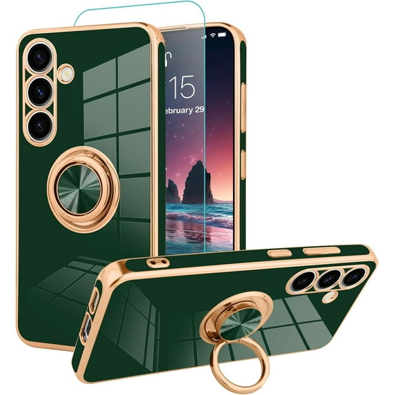 for Samsung Galaxy S24 Plus Case with 360° Rotation Magnetic Ring Kickstand Holder,Shiny Plating Gold Edge Soft Slim Shockproof +Screen Protector Protective Cover for Women Girls(Green)