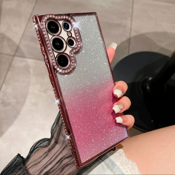 for Samsung Galaxy S24 Plus Case Clear Gradient Glitter Paper Phone Cases, Cute Luxury Plating Bling Sparkle Shockproof Protective Phone Cover for Women Girls, for Galaxy S24 Plus, Pink