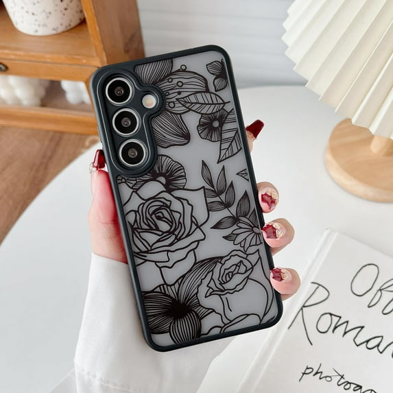 for Samsung Galaxy S24 Plus Case, Floral Rose Cute Phone Case for Women Girls Aesthetic Pattern Print Slim TPU Bumper Case Shockproof Protective Case for S24 Plus, Black