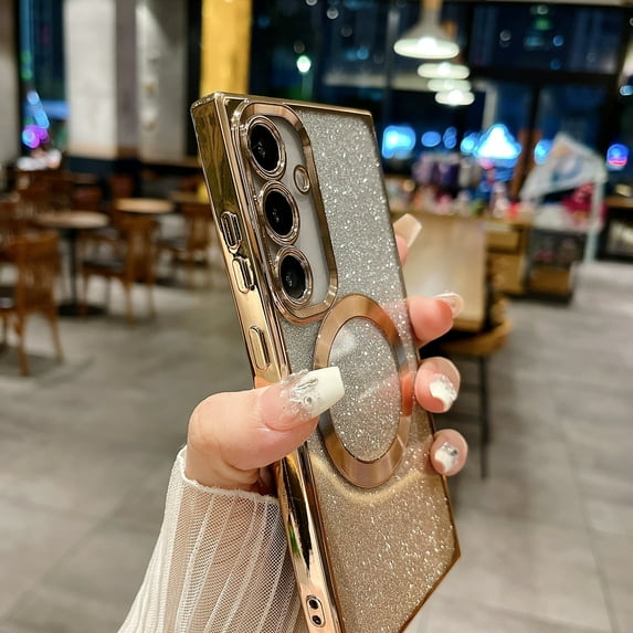 for Samsung Galaxy S24 Plus Case Glitter Card Magnetic Compatible with MagSafe, Drop Protection Luxury Plating Bling Clear Shockproof Ultra Slim Lightweight Phone Case for Women Girls - Gold