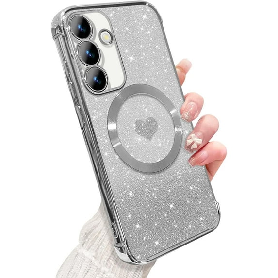 for Samsung Galaxy S24 Plus Case Magnetic,Soft Cute Luxury Gradient Heart Plating Bling Glitter Clear Phone Case Compatible with MagSafe Shockproof Protective Cover for Women Girl 6.7”-Silver