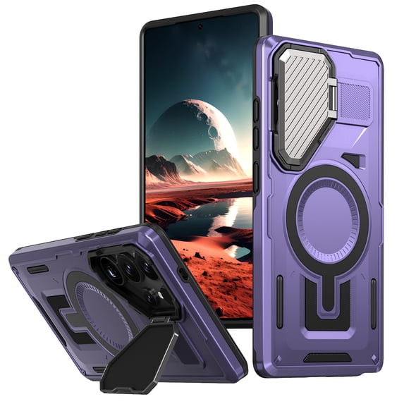 for Samsung Galaxy S24 Plus Case with Metal Camera Cover Kickstand, Compatible with MagSafe Military-Grade Protection Heavy Duty Magnetic Anti-Fall Rugged Phone Cover for Galaxy S24 Plus, Purple