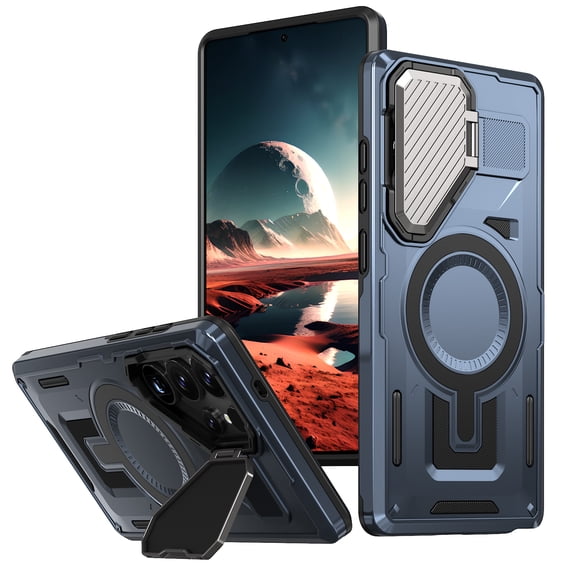 for Samsung Galaxy S24 Plus Case with Metal Camera Cover Kickstand, Compatible with MagSafe Military-Grade Protection Heavy Duty Magnetic Anti-Fall Rugged Phone Cover for Galaxy S24 Plus, Navyblue