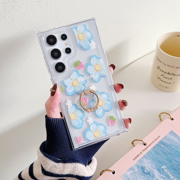 for Samsung Galaxy S24 Plus Case with Ring Bracket, Luxury Soft TPU Floral Pattern Design for Women and Girls Drop Protective Anti-fingerprint Phone Case Cover for Samsung Galaxy S24 Plus, Flower #1