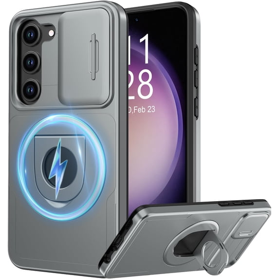for Samsung Galaxy S24 Plus Case with Sliding Camera Lens Cover - Wireless Charging Compatible - Magnetic Kickstand - Shockproof Protective Phone Case 6.6" for Men Women Girls - Grey