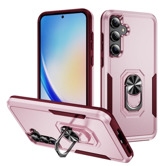 for Samsung Galaxy S24 Plus Case, Slim Fit Military Grade Drop Tested Dual Layer Shockproof Case with 360 Ring Holder Kickstand Protective Rugged Car Magnetic Non-Slip Phone Case,Pink+Rose