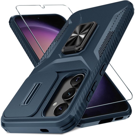 for Samsung Galaxy S24+ Plus Case with Tempered Glass Screen Protector and Camera Lens Cover,Rotated Ring Stable Kickstand,Heavy Duty Shockproof Protective Phone Cover-Deep Blue