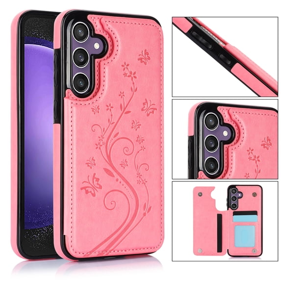 for Samsung Galaxy S24 Plus Case Wallet with Card Holder, Floral Flower Pattern Back Flip Folio PU Leather Kickstand Card Slots Case for Women Girls, Double Magnetic Clasp Shockproof Cover, Pink