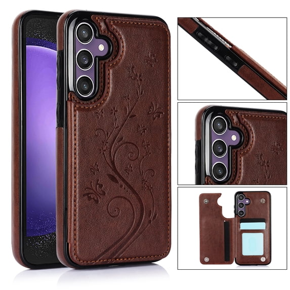 for Samsung Galaxy S24 Plus Case Wallet with Card Holder, Floral Flower Pattern Back Flip Folio PU Leather Kickstand Card Slots Case for Women Girls, Double Magnetic Clasp Shockproof Cover, Brown