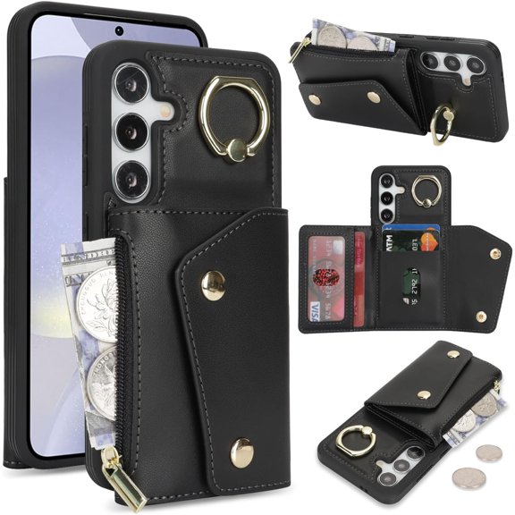 for Samsung Galaxy S24 Plus Case Wallet with Card Holder - Zipper Pocket,Credit Card Slots,RFID Blocking,Stand Ring,PU Leather Double Snap Cover for Women and Men(Black,6.7 Inch)