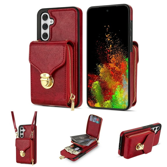 for Samsung Galaxy S24 Plus Case Wallet with Shoulder Strap for Women - Crossbody Lanyard,Zipper Pocket,Credit Card Holder,Shockproof - Metal Buckle Closure Premium PU Leather Case, Red