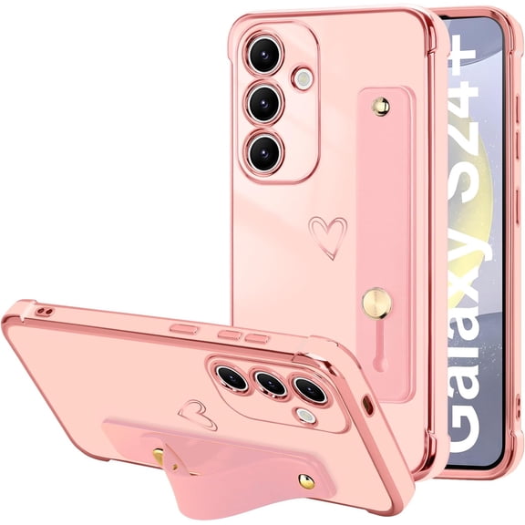 for Samsung Galaxy S24 Plus Case for Women Girls, Luxury Plated with Love-Heart Design Cover, Hand Strap Stand, Soft TPU Bumper Shockproof Protective for Samsung Galaxy S24 Plus 5G - Pink
