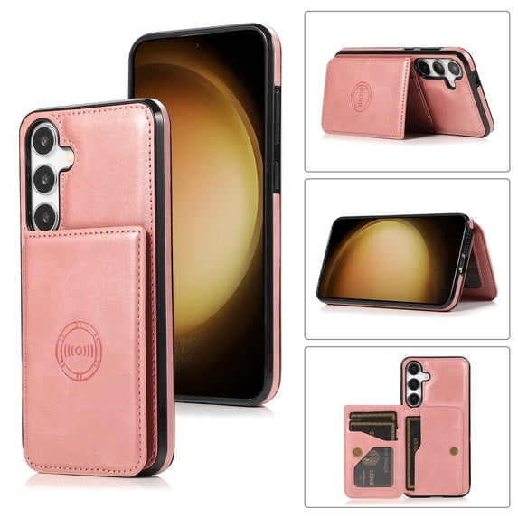 for Samsung Galaxy S24 Plus, Classic PU Leather Case with Magnetic Clasp Card Slots Stand Function Durable Shockproof Soft TPU Phone Case Back Cover with Car Magnetic for S24 Plus, Rosegold