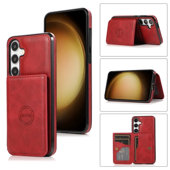 for Samsung Galaxy S24 Plus, Classic PU Leather Case with Magnetic Clasp Card Slots Stand Function Durable Shockproof Soft TPU Phone Case Back Cover with Car Magnetic for S24 Plus, Red