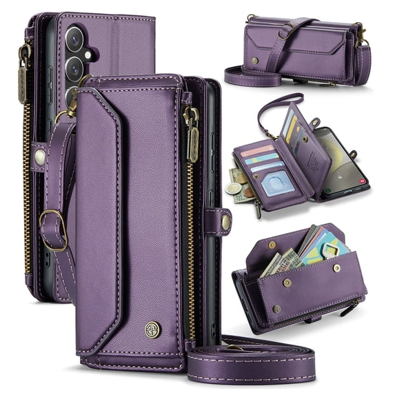 for Samsung Galaxy S24 Plus Full Body Protection Wallet Folio Flip Case, Shoulder Strap & Wristlet Card Slots Zipper Pocket RFID Blocking Rugged Durable PU Leather Phone Case Cover, Purple