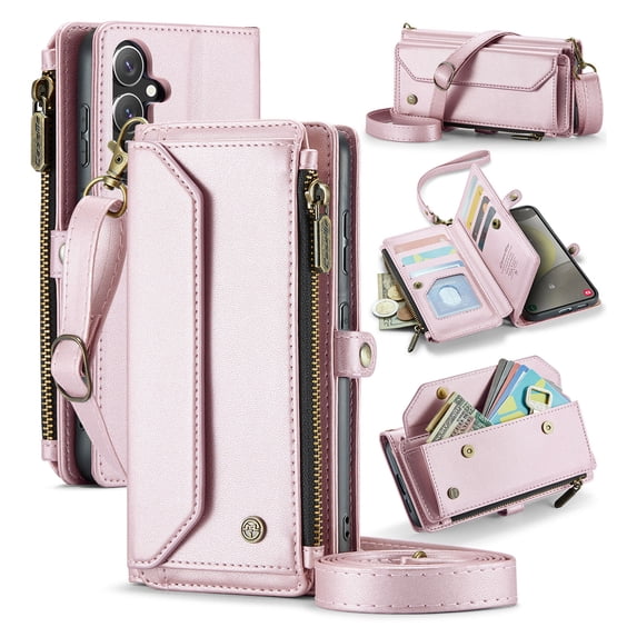 for Samsung Galaxy S24 Plus Full Body Protection Wallet Folio Flip Case, Shoulder Strap & Wristlet Card Slots Zipper Pocket RFID Blocking Rugged Durable PU Leather Phone Case Cover, Pink