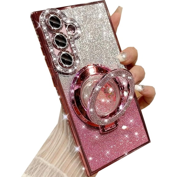 for Samsung Galaxy S24 Plus Glitter Kickstand Case,Luxury Bling Sparkly Diamond Rhinestone with Camera Protector Liquid Ring Stand Clear Phone Case for Women Girl for Galaxy S24 Plus (Pink)