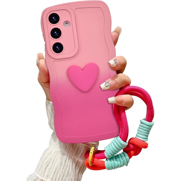 for Samsung Galaxy S24 Plus Gradient Wavy Case with Wrist Strap Lanyard Cute Love Heart Curly Wave Frame Design Solid Color Soft Silicone Shockproof S24+ Cover for Girls Women, Pink/Red