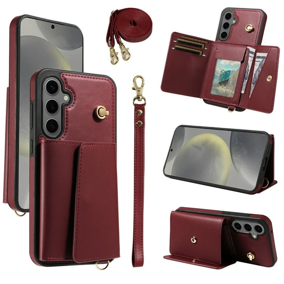 for Samsung Galaxy S24 Plus Magnetic Back Flip Wallet Case with Card Slots, PU Leather + TPU Full Body Protection, with Shoulder Strap & Wrist Strap, Classic Kickstand Protective Rugged Cover, Winered