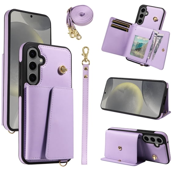 for Samsung Galaxy S24 Plus Magnetic Back Flip Wallet Case with Card Slots, PU Leather + TPU Full Body Protection, with Shoulder Strap & Wrist Strap, Classic Kickstand Protective Rugged Cover, Purple